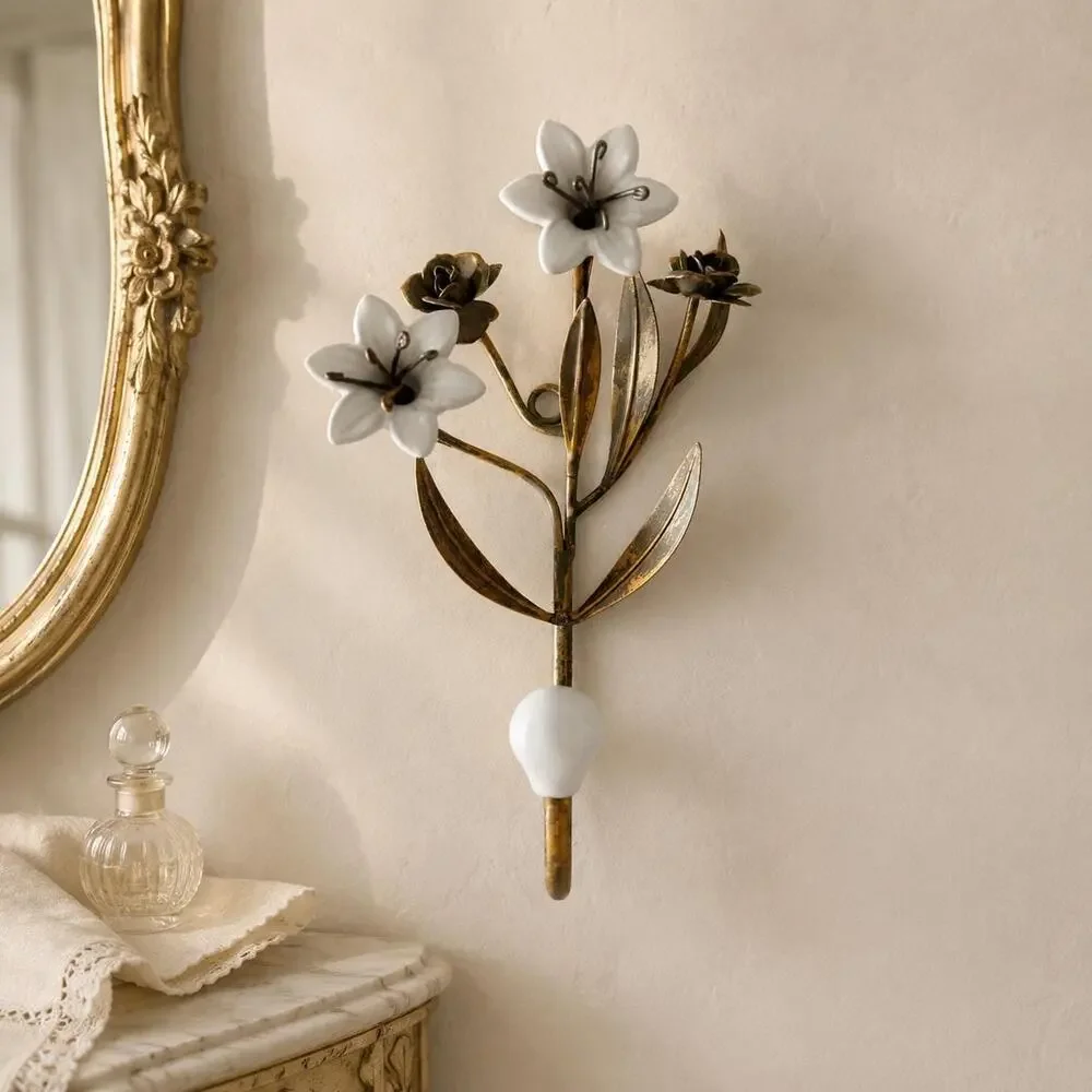Vintage Italian Tole Wall Hook White Porcelain Lilies Gilt Florentine Decor